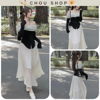 Sét Váy Xinh Gồm Áo Trễ Vai Phối Bèo + Chân Váy Von Dài