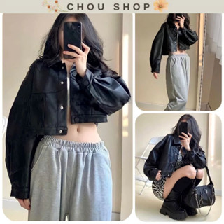 Áo Khoác Da Croptop Màu Đen Tay Dài Chất Liệu Da PU 1 Lớp