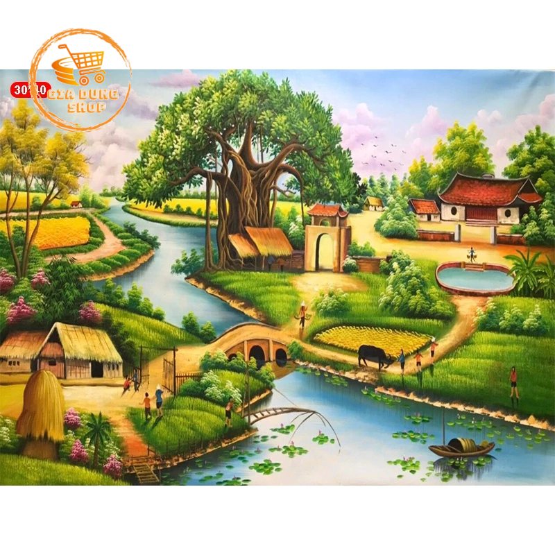 Tranh Đính Đá 5D Tự Hoàn Thành Kích thước 40x30cm, Tranh Gắn Đá DIY - Dòng Sông Quê