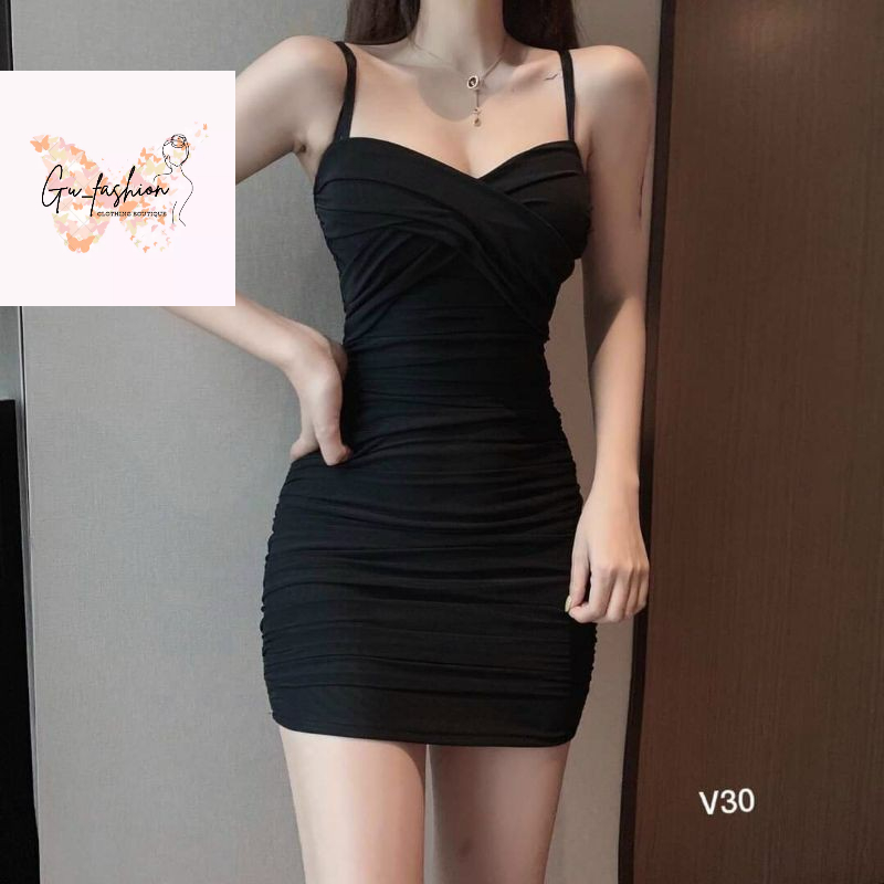 Đầm body hai dây chéo ngực nhún hông ( có mút ngực)
