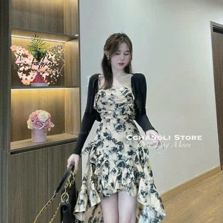 Set đầm voen hoa hai dây phối bèo và áo khoác