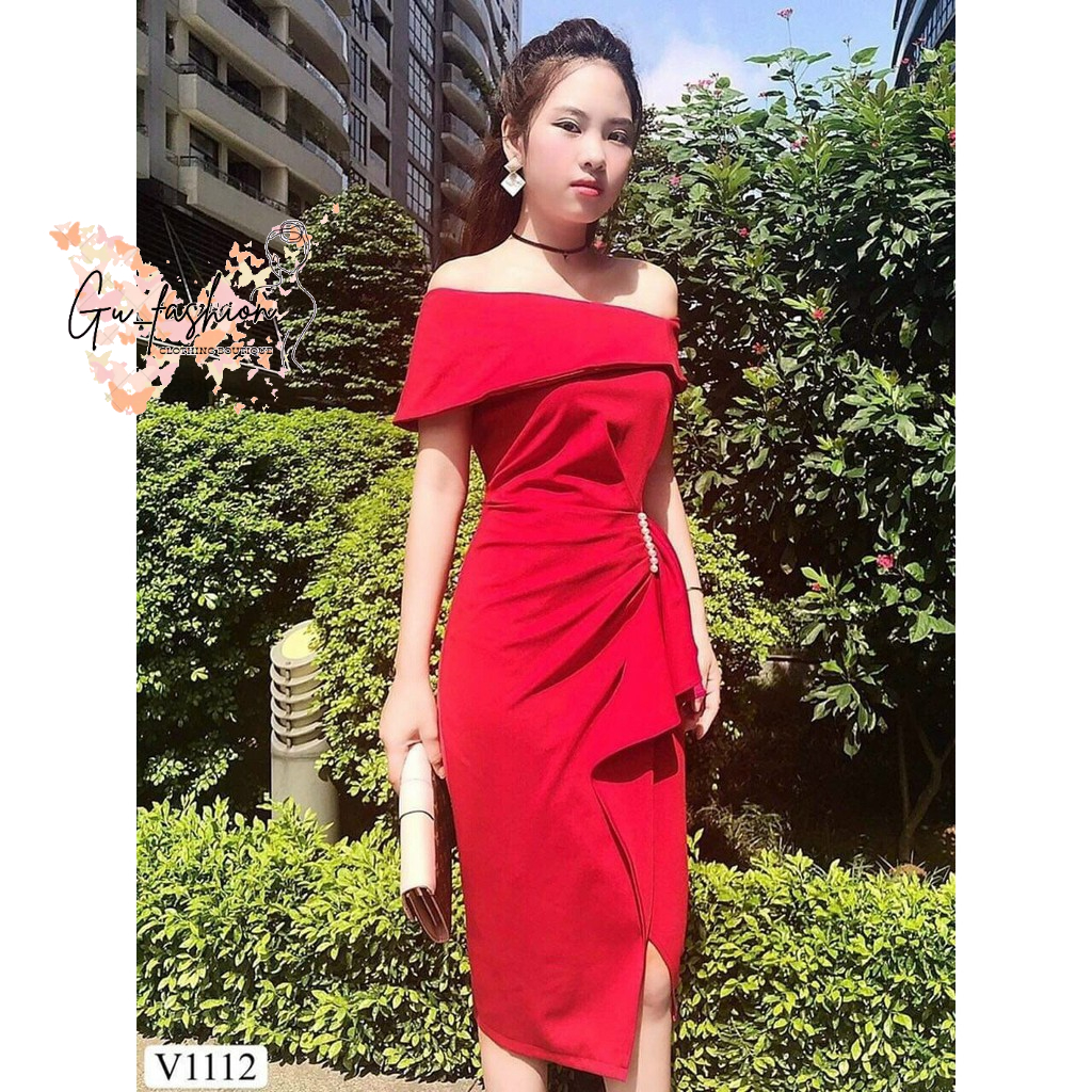 Hết hàng Đầm body trễ vai đính cườm ôm dáng