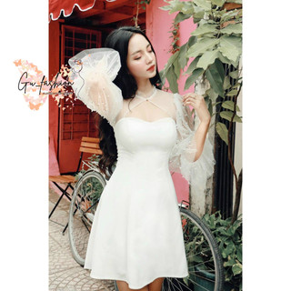 Đầm xòe cổ tàu phối tay lưới bi (có mút ngực)