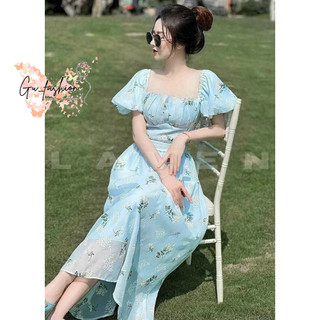 Đầm xòe xếp ly ngực tay phồng họa tiết hoa có mút