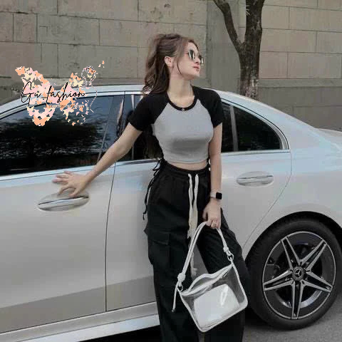 Set áo croptop cổ tròn tay ngắn đan dây hai bên và quần dài