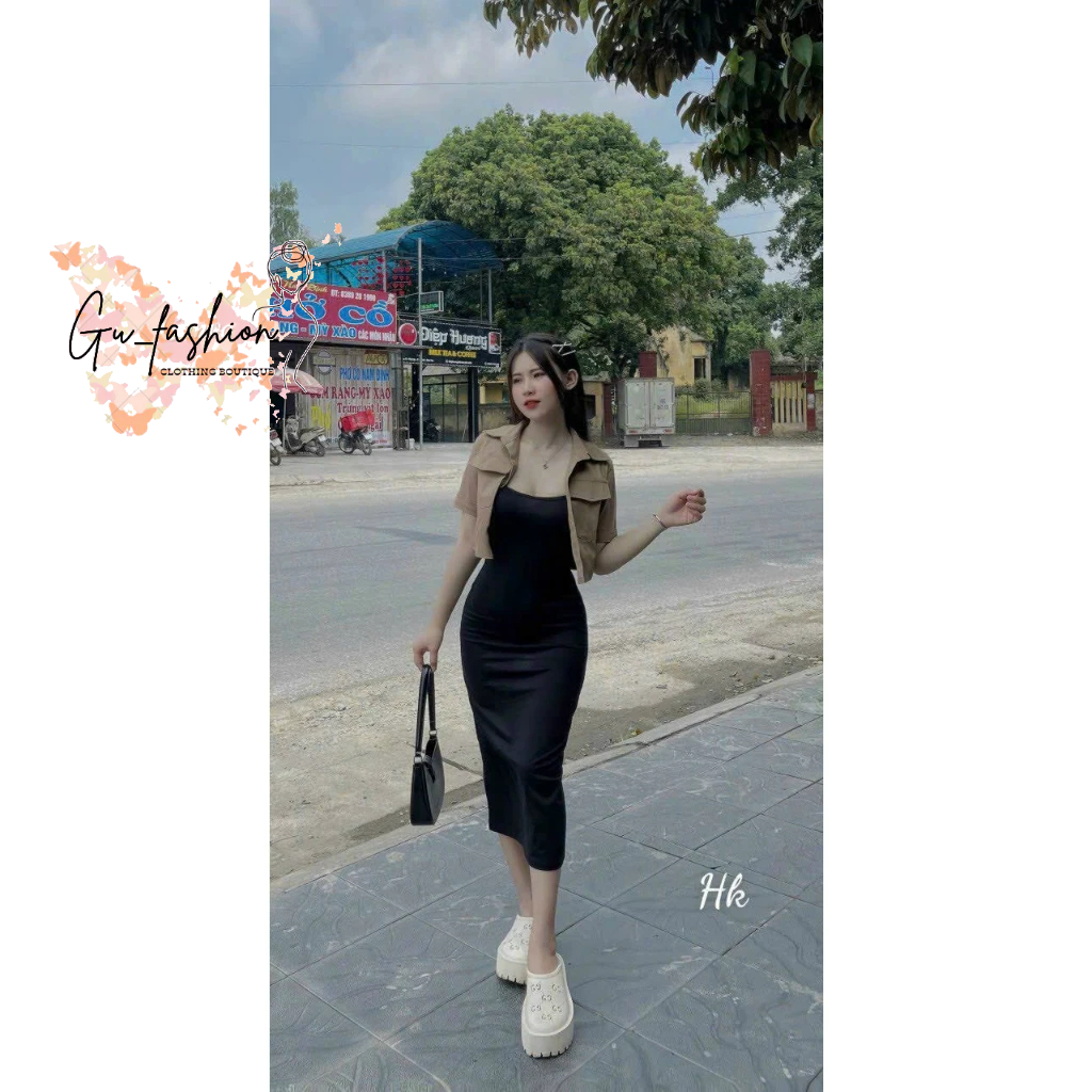 Set đầm body thun gân tăm hai dây dài và áo khoác