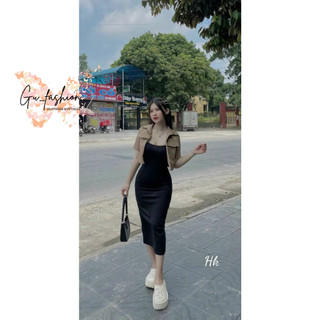 Set đầm body thun gân tăm hai dây dài và áo khoác