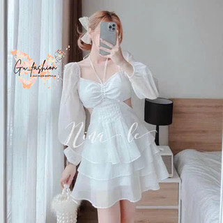 Đầm xòe tay dài khoét eo bèo xếp tầng có mút và lót