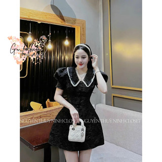 Đầm xòe gấm tay phồng cổ chữ V phối viền ren sang chảnh