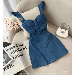 Đầm jean hai dây nút dọc có mút ngực