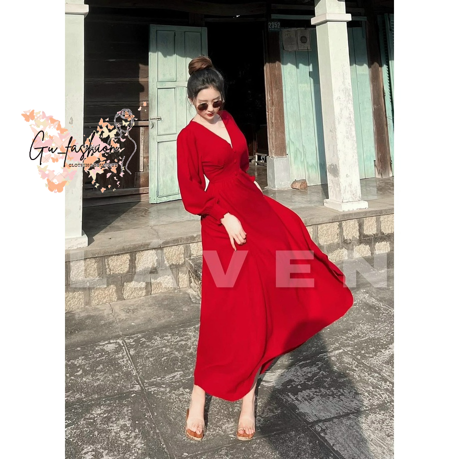 Maxi tay dài cổ tim mút bọc có mút siêu xinh