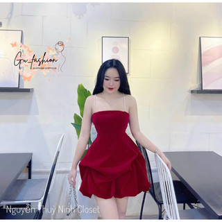 Đầm nhung hai dây cườm chéo lưng có mút và lót
