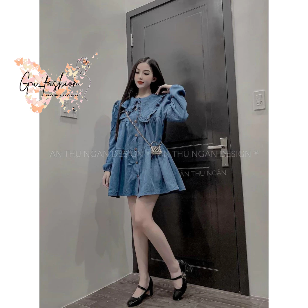 .Đầm nhung tăm babydoll dài tay phối cổ áo bèo xinh xắn