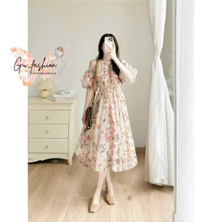 Đầm xòe voan hoa cổ yếm chạy thun eo