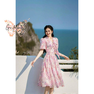 Đầm xòe voan hoa tay ngắn cổ tim buộc nơ ngực