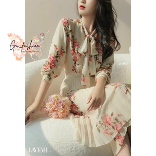Đầm xòe dập ly hai lớp tay dài buộc nơ cổ họa tiết hoa lá