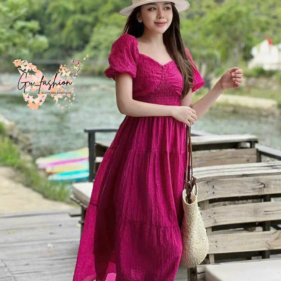 Đầm xòe tay phồng mocking có mút