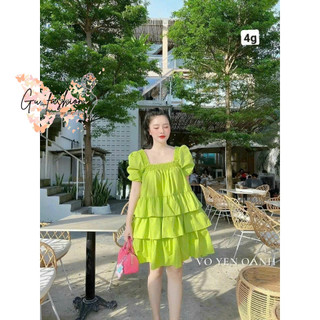 Đầm babydoll cổ vuông tay phồng bèo tầng