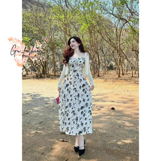 .Đầm lụa 2 dây họa tiết dáng dài