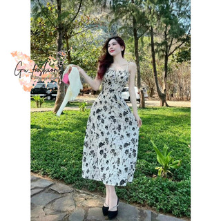 .Đầm lụa 2 dây họa tiết dáng dài
