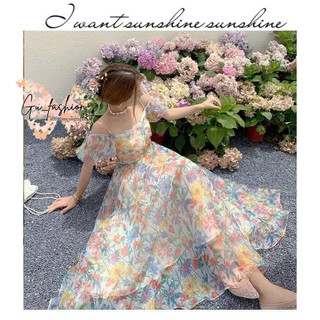 Đầm xòe voan hoa đan dây lưng tay phồng có mút