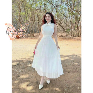 Đầm xòe dập ly có lót buộc nơ cổ GuFashion