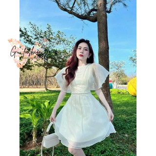 Đầm xòe tay bèo cổ tròn kết cườm eo có lót