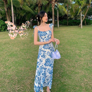Set Đầm Lụa Hoa Hai Dây Buộc Nơ Vai Có Mút Và Áo Khoác GuFashion