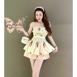 Set áo hai dây buộc nơ vai nhún ngực họa tiết hoa