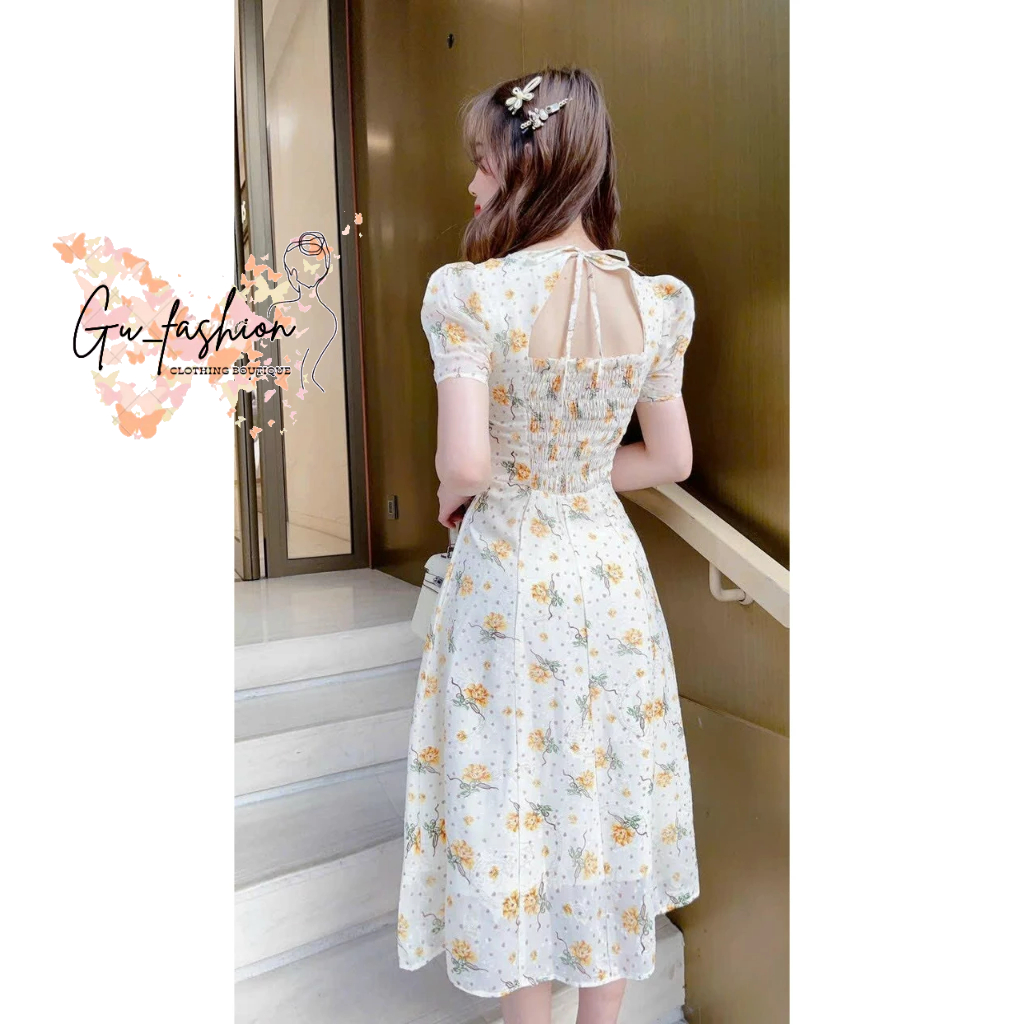 Đầm Xòe Voan Hoa Buộc Nơ Sau Mocking Hở Lưng Có Lót