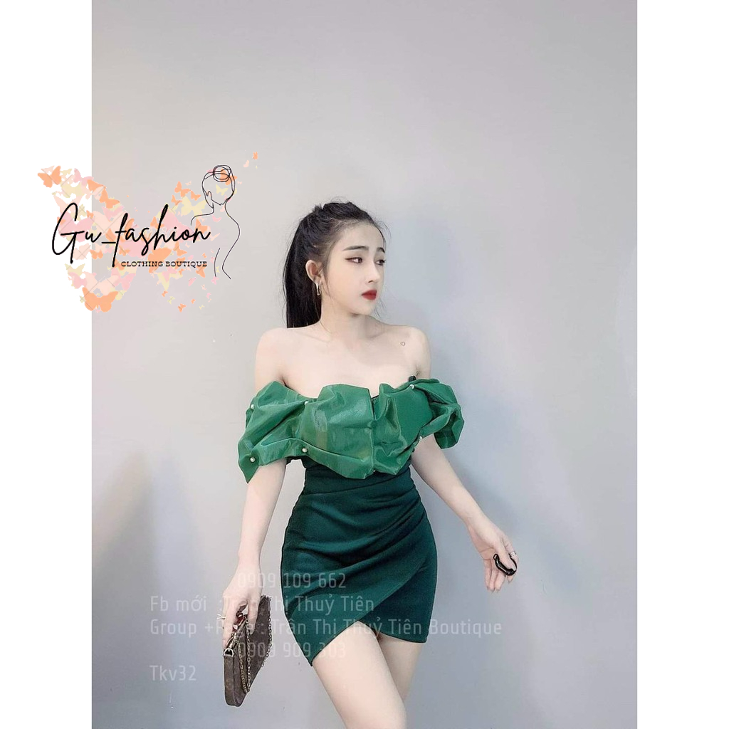 Đầm body trễ vai phối voan kiếng có mút ngực