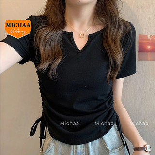Áo croptop tay ngắn cổ xẻ v rút dây bên ôm body, áo thun croptop kiểu sexy chất thun gân michaa cr3