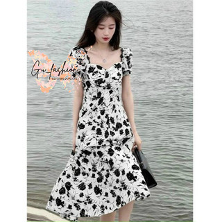 Đầm xòe tay phồng họa tiết có mút ngực xinh xắn