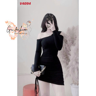 Váy Body Lệch Vai Tay Dài Rút Dây Hông Rose Fashion