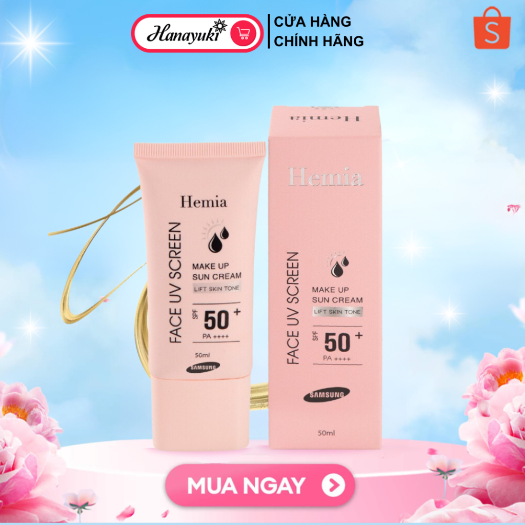 Kem chống nắng Hemia chính hãng tác dụng dưỡng trắng nâng tone SPF50+ thấm mướt nhanh 50ml