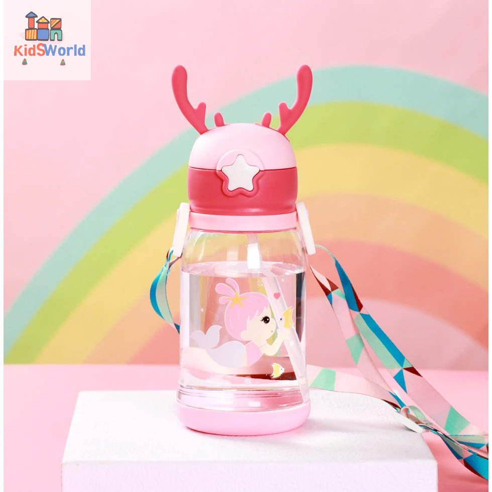 Bình Nước Sừng Hươu Cho Bé, Đi Học, Đi Du Lịch, Có Dây Đeo, Hoạt Hình Dễ Thương