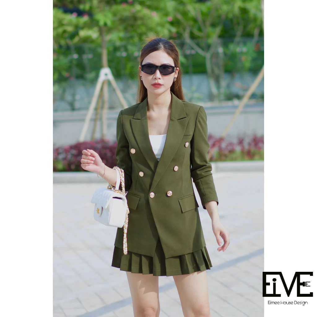 SET SUIT 6 KHUY FULL MIX CHÂN VÁY XẾP LY - STONE MOSS - EIMEE HOUSE