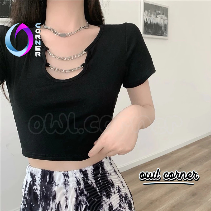 Áo Croptop Ôm Body TAY NGẮN CỔ U PHỐI XÍCH Đẹp Sexy Nữ, Áo Thun Borip Kiểu Trơn Họa Tiết Thời Trang Hàn Quốc OWL CORNER