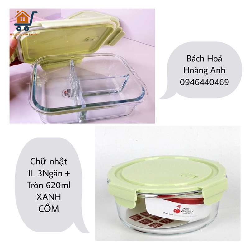 Bộ Hộp Cơm Văn Phòng Xanh Cốm - Hộp 1L Chữ Nhật 3 Ngăn + Hộp 620ml Tròn - Thuỷ Tinh Chịu Nhiệt, Chống Tràn