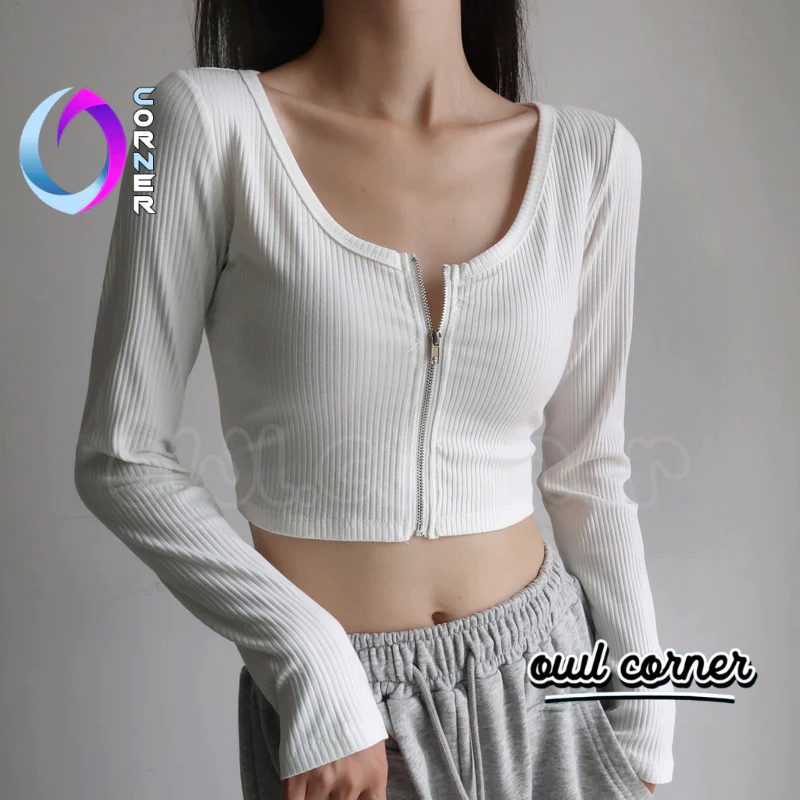 Áo Croptop TAY DÀI DÂY KÉO NGỰC Chất Vải Thun Gân Kiểu Sexy Nữ, Áo Thun Ôm Body Đẹp Thời Trang Hàn Quốc OWL CORNER