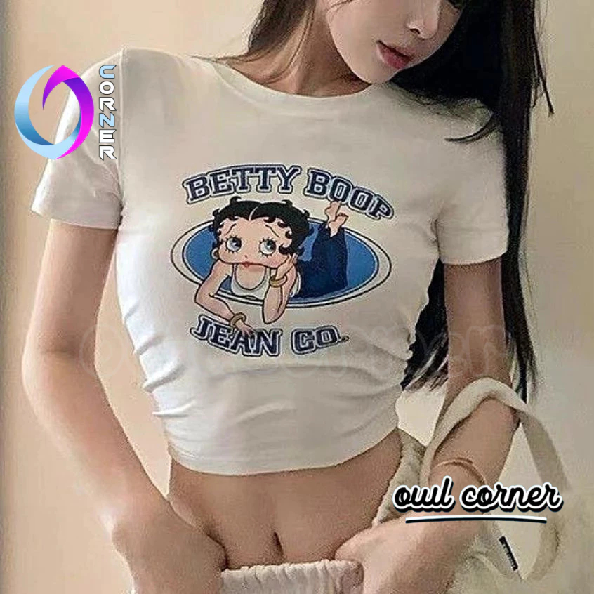 Áo Croptop Ôm Body Nữ BETTY BOOP Cổ Tròn Tay Ngắn, Áo Thun Chất Borip Kiểu In Họa Tiết Thời Trang Hàn Quốc OWL CORNER