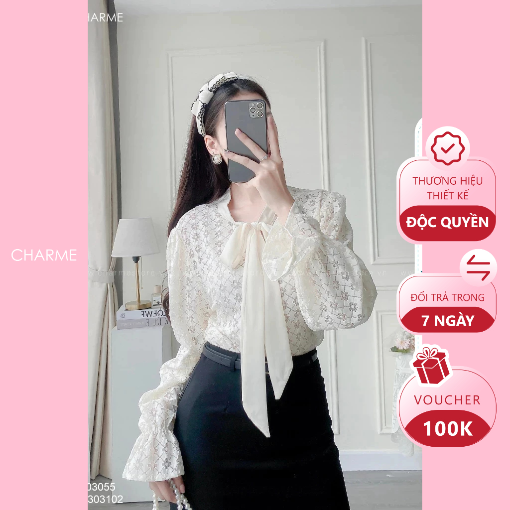 Áo ren hoa nơ cổ Freesize Charme 303055