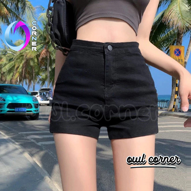 Quần SHORT KAKI JEAN TRƠN Nữ Vải Jean Kaki, Quần Lưng Cao Dày Đẹp Thoáng Mát OWL CORNER