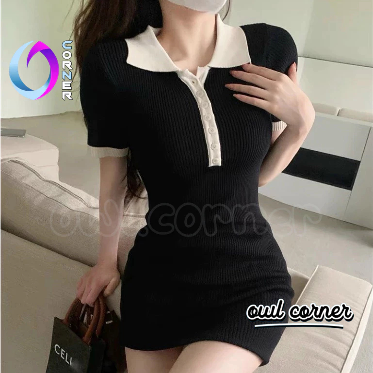 Đầm Váy Body CỔ POLO Phối Be Nữ Kiểu Tay Ngắn Dáng Ôm BodyTôn Dáng Đẹp OWL CORNER