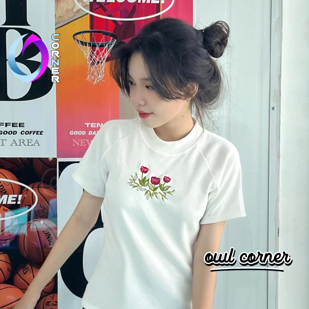 Áo Thun BABY TEE THÊU HOA DÁNG DÀI Chất Thun Borip Kiểu Basic Nữ, Áo Thun Ôm Body Cổ Tròn Tay Ngắn Đẹp OWL CORNER