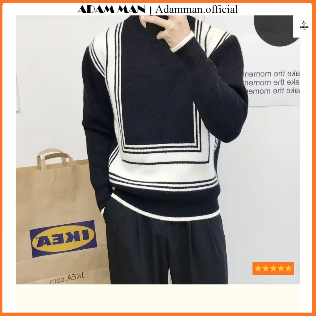 Áo len nam phối hoạ tiết đen trắng, áo len nam cổ tròn len dệt kim hàng loại 1 - ADAMMAN