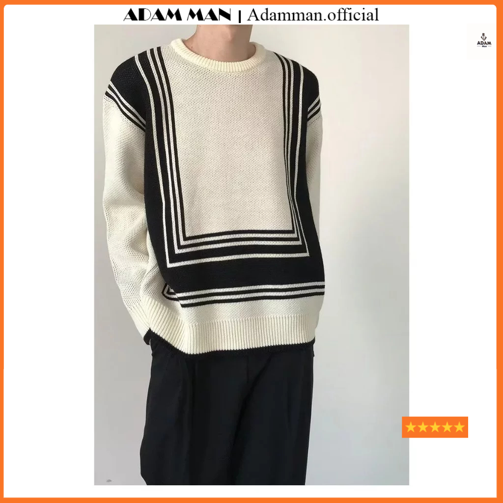 Áo len nam phối hoạ tiết đen trắng, áo len nam cổ tròn len dệt kim hàng loại 1 - ADAMMAN