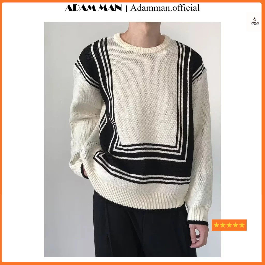 Áo len nam phối hoạ tiết đen trắng, áo len nam cổ tròn len dệt kim hàng loại 1 - ADAMMAN