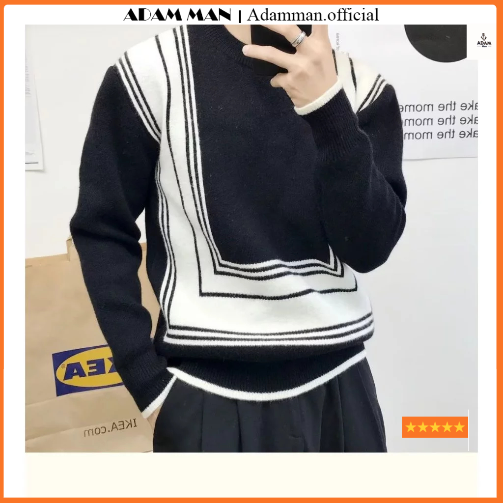 Áo len nam phối hoạ tiết đen trắng, áo len nam cổ tròn len dệt kim hàng loại 1 - ADAMMAN