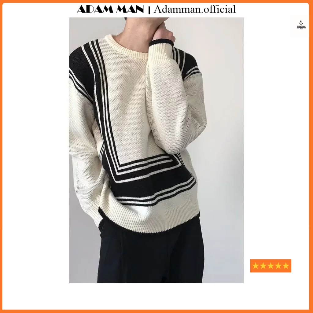 Áo len nam phối hoạ tiết đen trắng, áo len nam cổ tròn len dệt kim hàng loại 1 - ADAMMAN